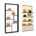 Modern Display Shelves Showcasing Various Colored Handbags and Potted Plants with Bottom Storage Drawers