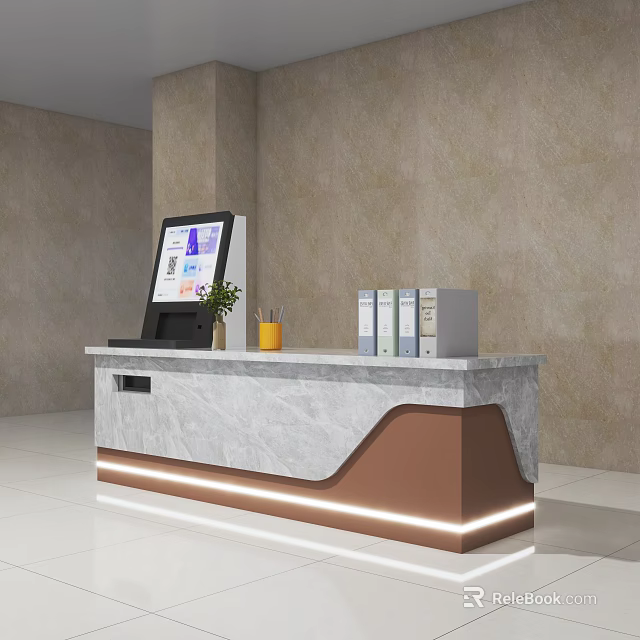 Modern Reception Desk With Marble Countertop LED Strip Lighting Computer Monitor Folders And Plant 3d model 