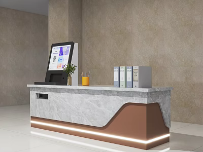 Modern Reception Desk With Marble Countertop LED Strip Lighting Computer Monitor Folders And Plant 3d model