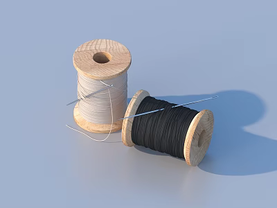 Household Sewing Supplies Two Wooden Spools With White And Black Thread 3d model