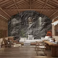 Chinese Style Interior Design With Wooden Ceiling Stone Wall And Green Plants