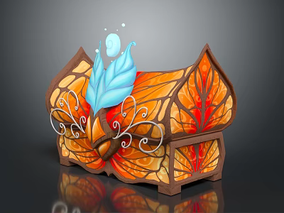Decorative Chest With Orange Red Leaf Patterns Blue Feather Decoration Curled White Patterns Brown Base 3d model