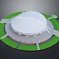 Modern Commercial Complex With Circular Structure White Dome Green Areas And Connected Roads