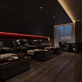 Modern SPA Sauna Interior With Dark Wooden Walls Red Lighting And Relaxation Beds