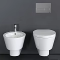 Modern Bathroom Interior Featuring Wall Mounted White Toilet And Bidet On Gray Wall