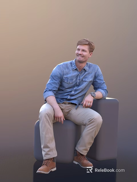 A Man Sitting On Gray Chair In Blue Denim Shirt Khaki Pants Smiling With Wristwatch 3d model 