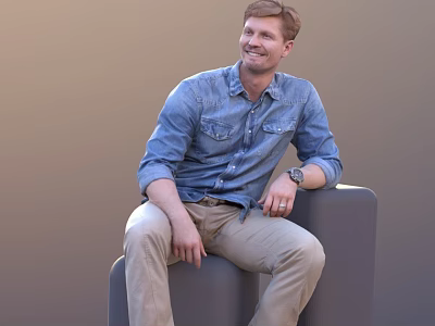 A Man Sitting On Gray Chair In Blue Denim Shirt Khaki Pants Smiling With Wristwatch 3d model