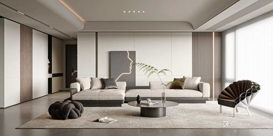 Modern Living Room Interior With Upholstered Sofa Round Coffee Table Decorative Art And Green Plant 3d model 