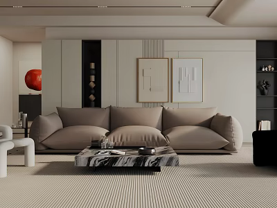 Modern Living Room Interior Design With Beige Sofa Marble Coffee Table And Decorative Paintings 3d model