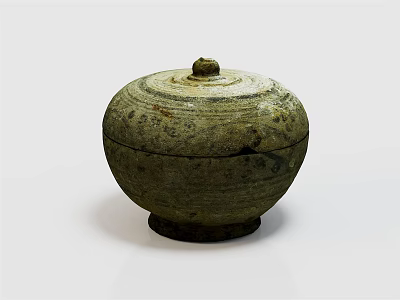 Ancient Round Green Ceramic Jar With Decorative Patterns And Textured Lid 3d model