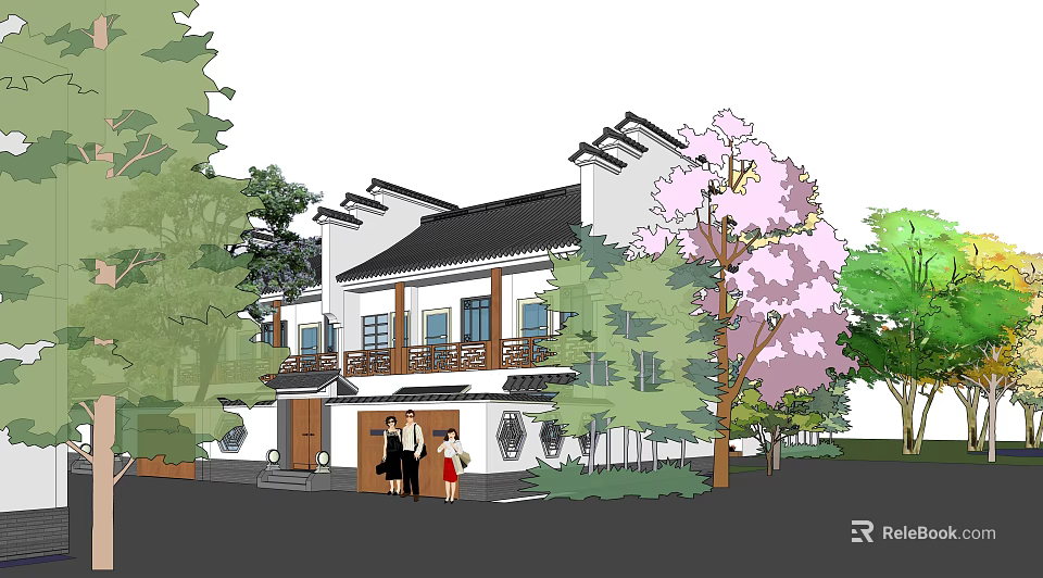 Ancient Chinese Building With White Walls Black Tiles Overhanging Eaves Trees And Pink Flowering Tree 3d model 