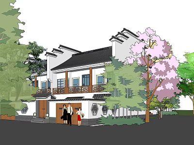 Ancient Chinese Building With White Walls Black Tiles Overhanging Eaves Trees And Pink Flowering Tree 3d model