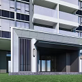 Modern Building Entrance Gate With Black Grille Panels Wall Lamps And Green Lawn