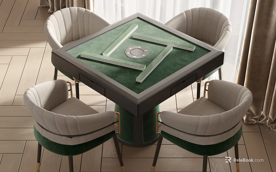 Modern Entertainment Table with Green Tabletop and Four Elegant Chairs 3d model 
