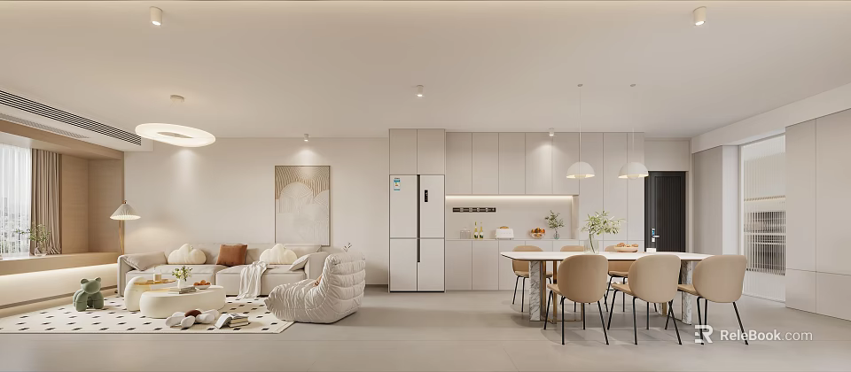 Modern Living And Dining Room Interior With Sofa Dining Table Chairs And Pendant Lights 3d model 