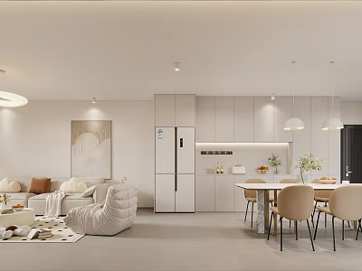 Modern Living And Dining Room Interior With Sofa Dining Table Chairs And Pendant Lights 3d model