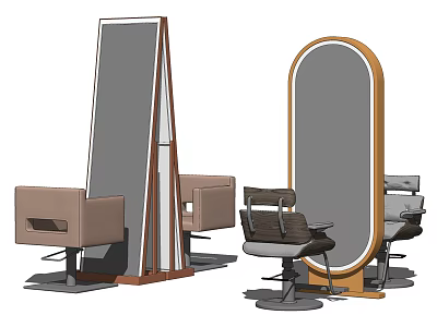 Salon Mirrors With Oval And Rectangular Frames And Beige Brown Chairs 3d model