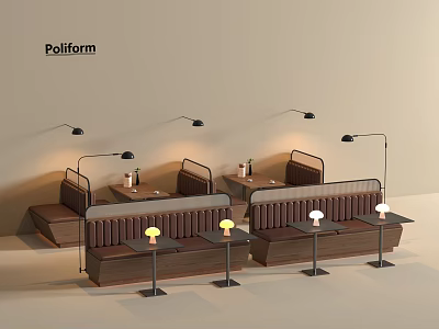 Modern Poliform Booth Sofas In Restaurant Setting With Tables And Lamps 3d model