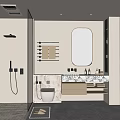 Modern Bathroom Interior With Glass Shower Toilet Marble Vanity Round Mirror And Towel Rack