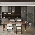 Modern Restaurant Interior With Open Kitchen Wooden Dining Table And White Chairs 3d model