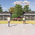 Scenic Park Landscape Featuring Glass Greenhouses Pink Hydrangeas People Trees And Blue Sky