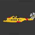Yellow and Red Aerospace Helicopter Model with Multiple Rotors and Reflection on Black Background