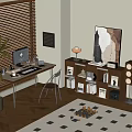 Modern Desk And Chair Set With Computer Bookshelf Chessboard Plant And Blinds