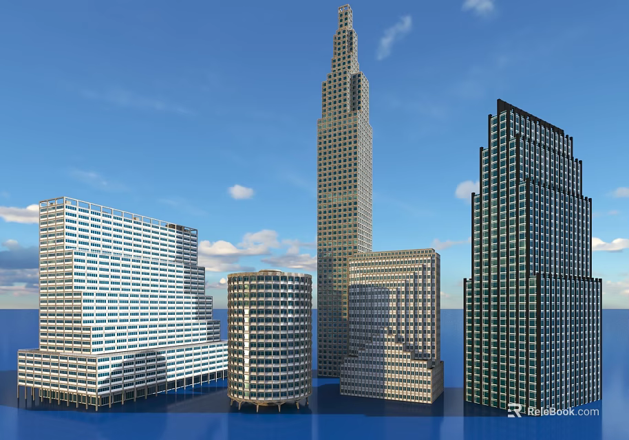 Modern High Rise Office Buildings With Various Architectural Styles And Glass Facades 3d model 