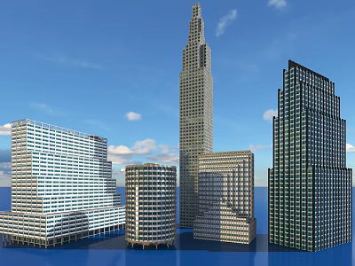 Modern High Rise Office Buildings With Various Architectural Styles And Glass Facades 3d model