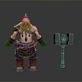 3D Model Of Shirtless Muscular Bearded Man With Orange Hair Feather Headdress And Large Hammer