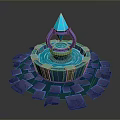 Glowing Blue Spire Structure With Circular Ring And Square Platforms In Fantasy Landscape 3d model