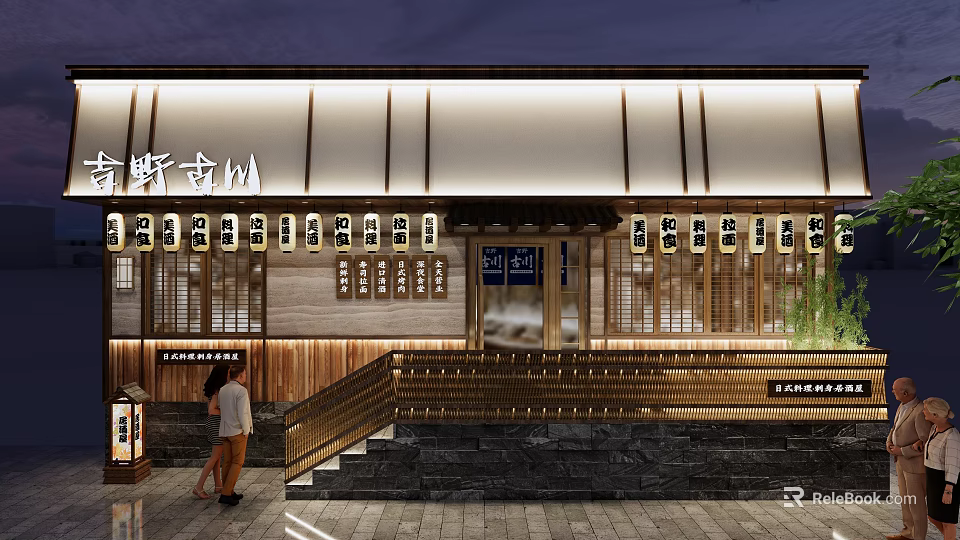 Traditional Wooden Shop Facade Evening View With Illuminated Signboard And People At Entrance 3d model 