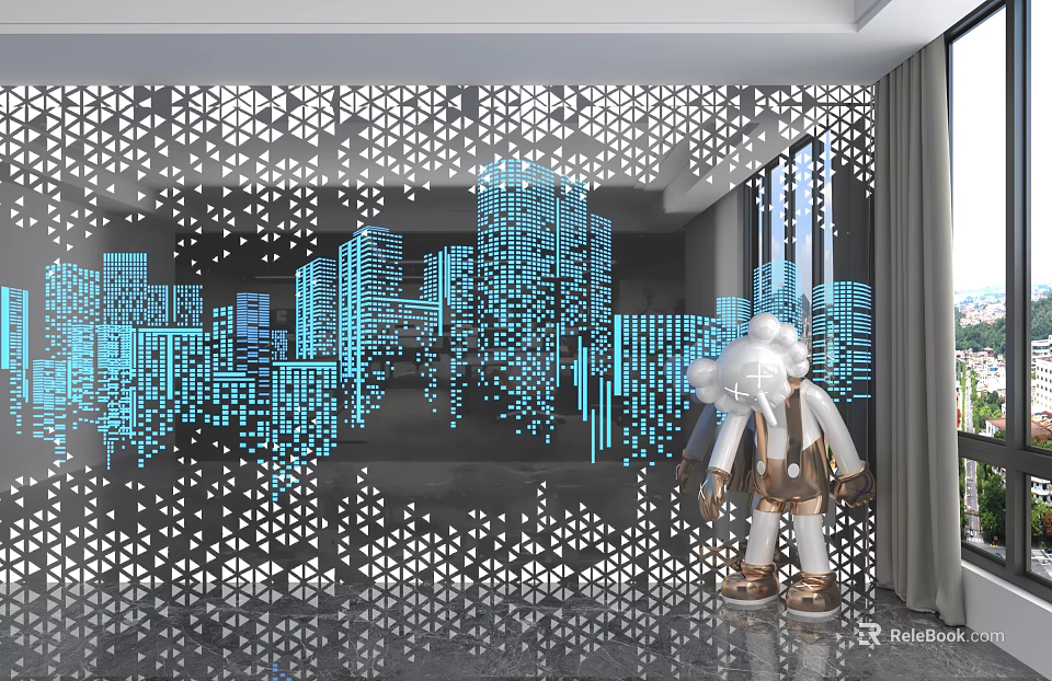 Modern Interior Wall Panel with Hollow-out Pattern Blue City Silhouette and Art Sculpture 3d model 