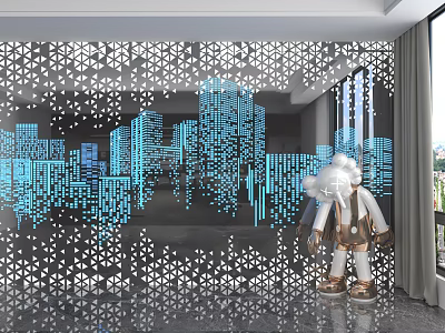 Modern Interior Wall Panel with Hollow-out Pattern Blue City Silhouette and Art Sculpture 3d model