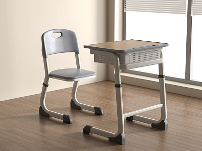 Adjustable Height Kids Desk with Wooden Top Metal Frame and Matching Chair 3d model