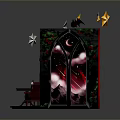 Gothic Open Book Scene With Illustration Coffin Wardrobe Bats Table And Stars