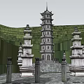 Traditional Ancient Pagoda Standing Among Green Trees And Historic Stone Structures