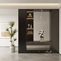 Modern Entryway Hallway Design With Black Shelves Green Plant Marble Floor And Astronaut Figurine