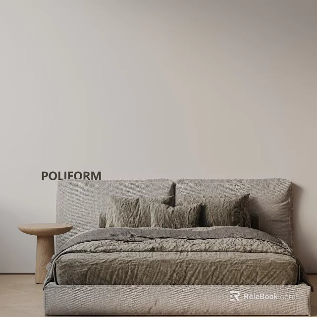 POLIFORM Modern Double Bed With Gray Bedding And Wooden Side Table 3d model