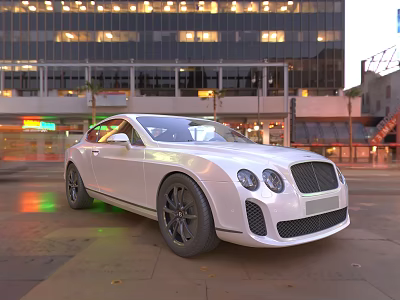 White Bentley Car Parked On Urban City Street With Illuminated Tall Buildings 3d model