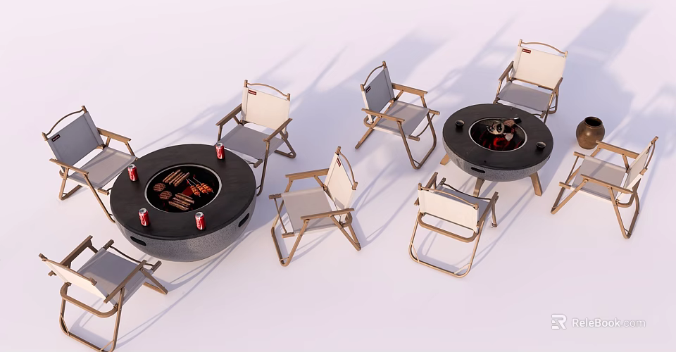 Outdoor Chairs With Metal Frame White Cushions And Round Stone Table Set 3d model 