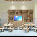 School Classroom Interior With Wooden Tables Chairs Green Plants And Wall Decorations