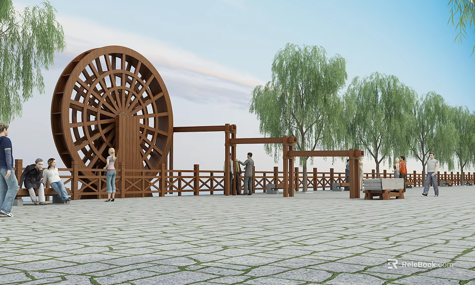 Garden Landscape With Large Wooden Waterwheel Willow Trees Wooden Pavilions And Stone Paved Ground 3d model 