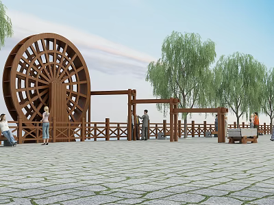 Garden Landscape With Large Wooden Waterwheel Willow Trees Wooden Pavilions And Stone Paved Ground 3d model