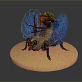 Game Movie Sci Fi Character With Green Body Blue Transparent Glowing Wings On Round Base