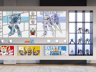 Anime Figure Display Area With Gundam Models Posters And Shelf Exhibits 3d model