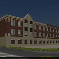 Modern School Building With Red Brick Exterior Beige Base Multi Story Windows Landscaping Front Pathway
