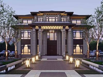 Modern Chinese Style Two Story Single Family Villa With Grand Entrance Stone Steps And Lighting 3d model