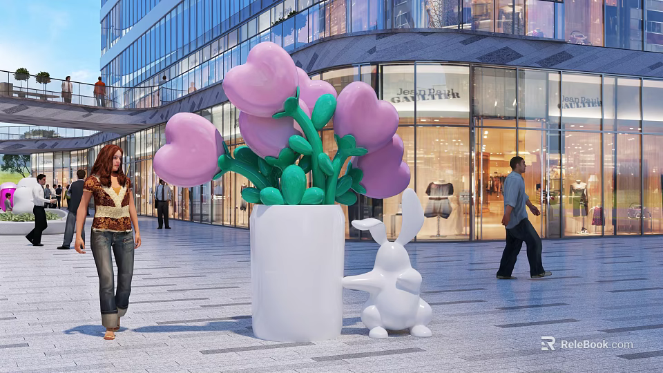 Scenic Photo Check-in Spot With Giant Pink Heart-shaped Flowers White Vase And Rabbit Sculpture 3d model 