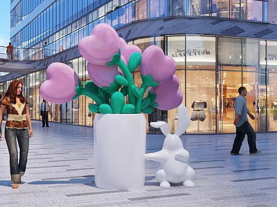Scenic Photo Check-in Spot With Giant Pink Heart-shaped Flowers White Vase And Rabbit Sculpture 3d model